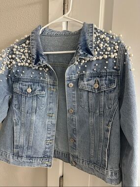 Light Wash Denim Jacket with Pearl Embellishments